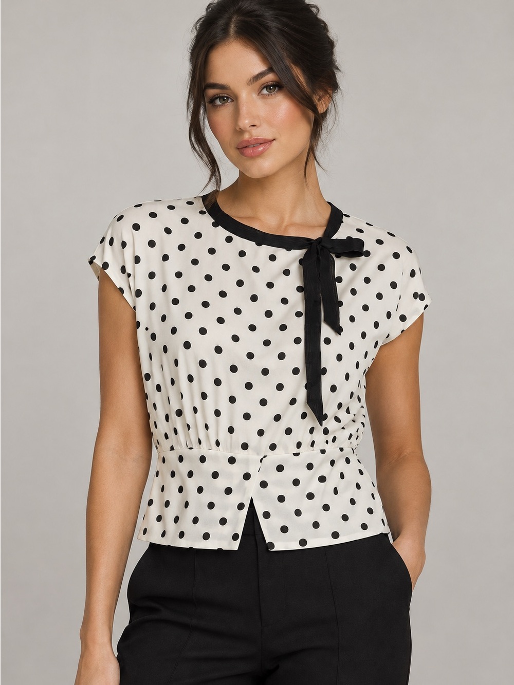 Polka Dot Bow-Accent Cap Sleeve Top - White/Black